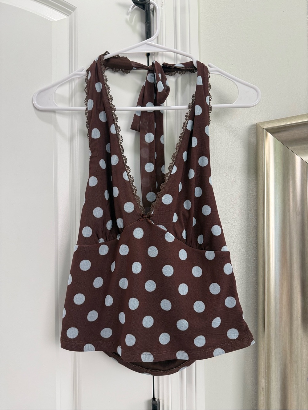 Pink Rose Brown Polka Dot Halter with Light Blue Dots